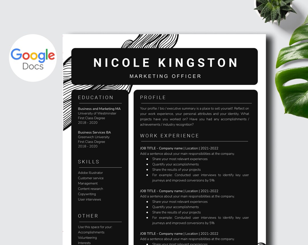 Google Docs Resume Template + Cover Letter, Creative Resume CV Template ...