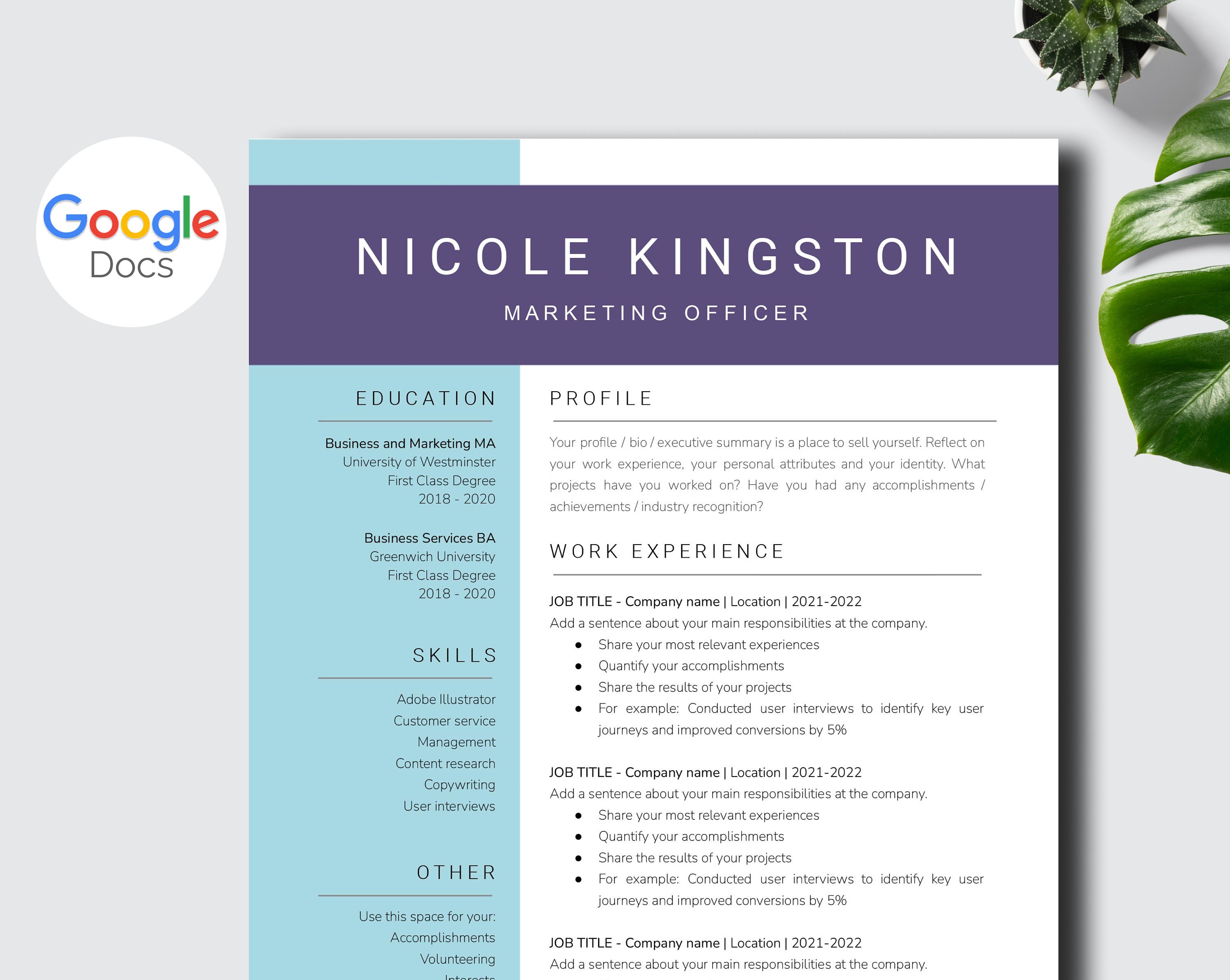 Google Docs Resume Template Cover Letter, Modern Resume CV Template ...