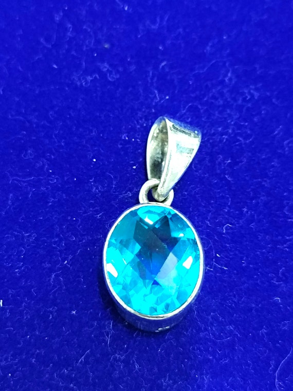Pendentif Argent Pierre Ovale Bleue Brillante - Occasion Vintage