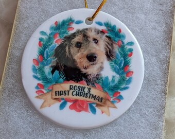 Aangepaste fotoornament hond, eerste kerst huisdier, gepersonaliseerde keramische aandenken