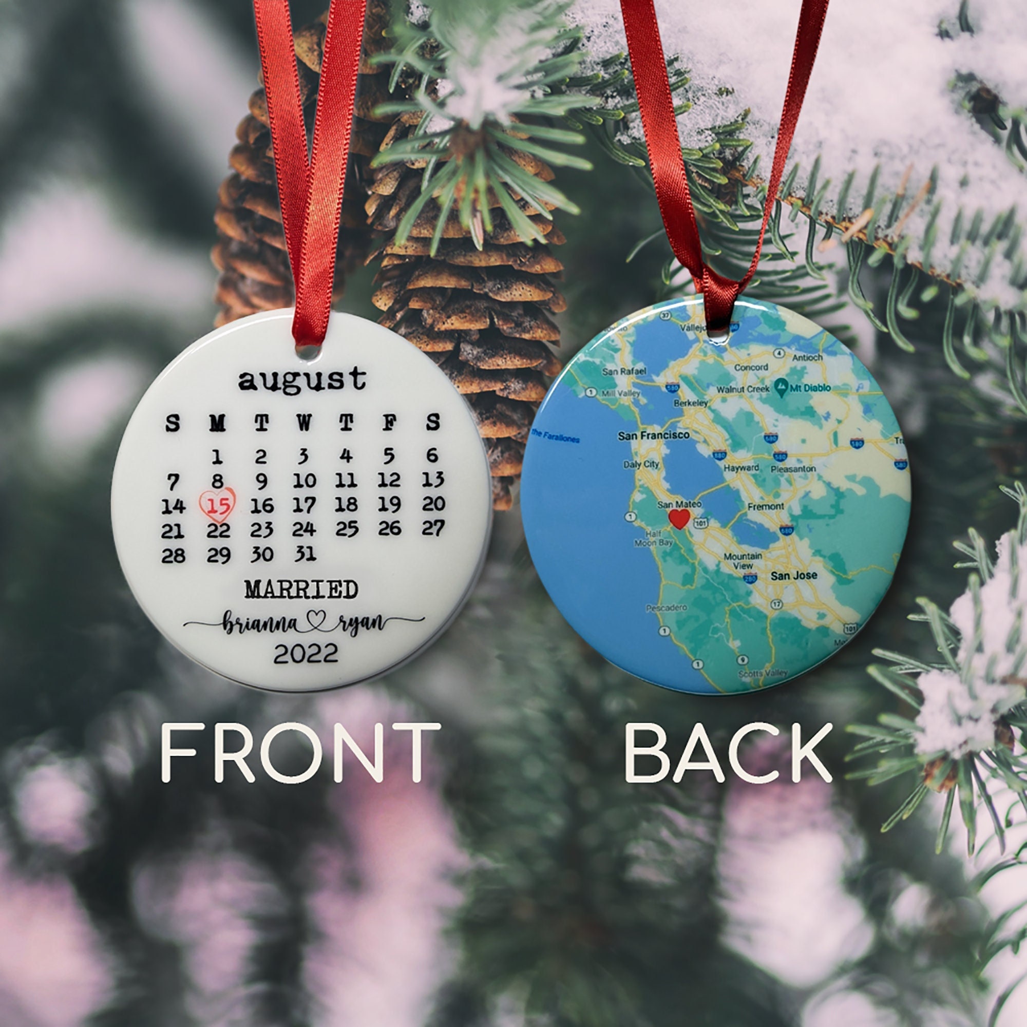 Married Ornament Christmas Gift, Wedding Map Ornament, Calendar Engagement Ornament, Map Ornament, Two Sided Map Ornament Engagement
