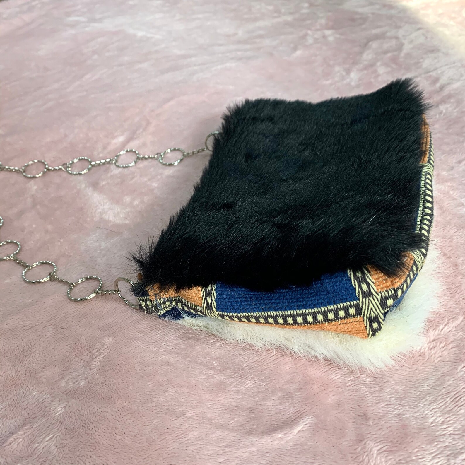 Black and White Faux Fur shoulder bag with metal chain handle Etsy