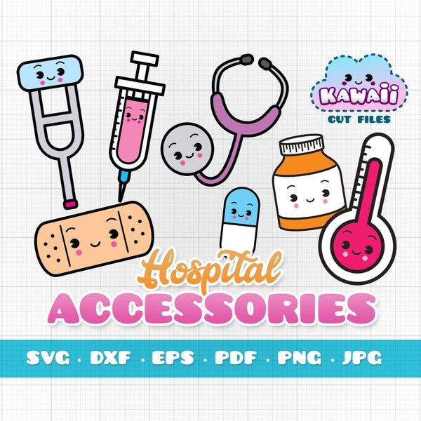 Kawaii Hospital SVG Cut Files, Cute Kawaii Medical Accessories Cutting Files SVG, Stethoscope, Needle, Band Aid, Clipart, Cricut, Key Worker