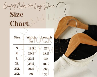 Comfort Color 6014 Long Sleeve T-Shirt Mockup Size Chart | Comfort Color | Sizing Chart | Sweatshirt Sizes | Boho