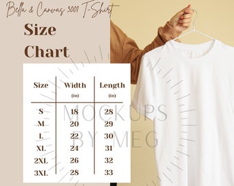 Bella + Canvas 3001 Tshirt Size Chart | Tshirt Size Chart | Bella Canvas Mockup | 3001 Sizing | Tshirt Chart | Boho Size Chart | Minimalist