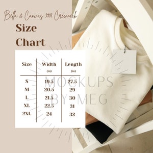 以下が含まれることがあります： Bella + Canvas 3901 クルーネック スウェットシャツのサイズチャート。チャートは、サイズ S、M、L、XL、2XL の幅と長さをインチで示しています。