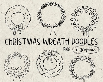 Christmas Wreath Doodles | Hand Drawn Christmas Wreath Doodles | PNG | Digital Downloads | Christmas | Line Art | Wreath PNG