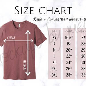 Bella + Canvas 3001 Tshirt Size Chart | Tshirt Size Chart | Bella Canvas Mockup | 3001 Sizing | Tshirt Chart | Boho Size Chart | Minimalist