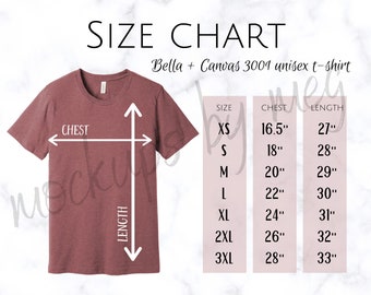 Bella + Canvas 3001 Tshirt Size Chart | Tshirt Size Chart | Bella Canvas Mockup | 3001 Sizing | Tshirt Chart | Boho Size Chart | Minimalist