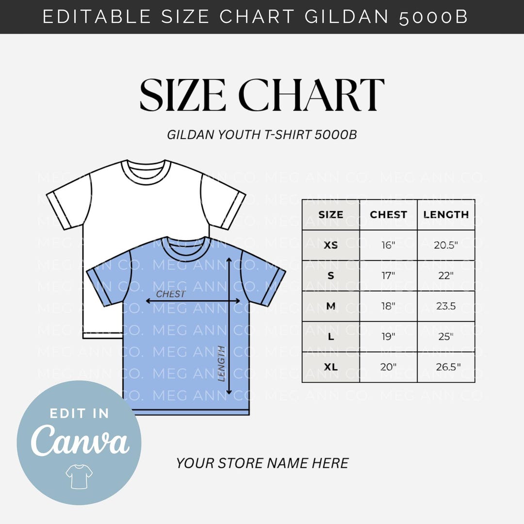 Editable Size Chart Gildan Youth T-shirt 5000B | Gildan Youth Tee Size ...