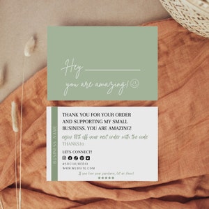 May include: A green thank you card with the text "Hey, you are amazing!" and a smiley face. The card also includes a message thanking the customer for their order and supporting the small business. It offers a 10% discount on the next order with the code THANKS10. The card also includes social media icons and a website address.