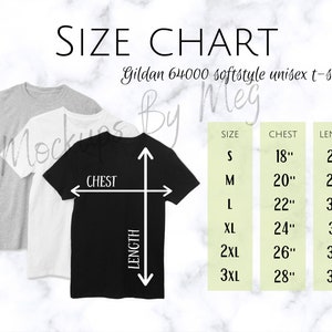 Gildan 64000 Soft Style Unisex T-Shirt Size Chart | T-Shirt Mockup | Mockup Size Chart | Gildan T-Shirt Size Charts | Mockups | Gildan