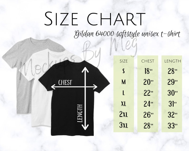 Puede incluir: Tabla de tallas para camisetas unisex Gildan 64000 softstyle. La tabla muestra las medidas de pecho y largo en pulgadas para las tallas S, M, L, XL, 2XL y 3XL.