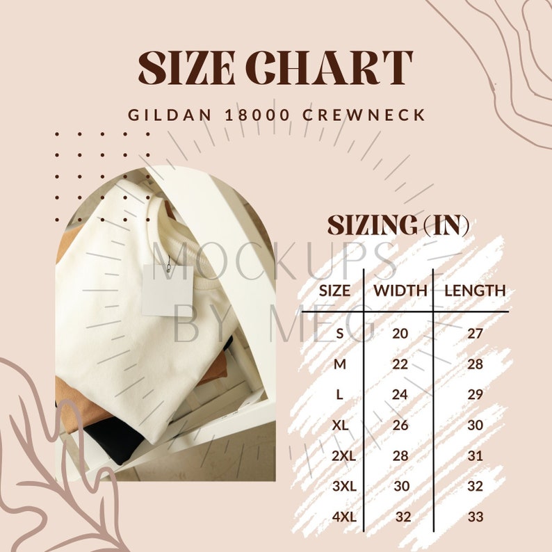 May include: Size chart for Gildan 18000 crewneck shirts. The chart shows the width and length in inches for sizes S through 4XL.