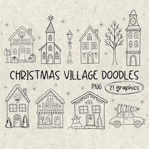 Puede incluir: Dibujo lineal en blanco y negro de un pueblo navideño con varios edificios, incluyendo una oficina de correos, una iglesia, una tienda de caramelos y una torre del reloj. Se muestra el texto "CHRISTMAS VILLAGE DOODLES".