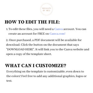 May include: Instructions on how to edit a digital file using Canva.com. The text explains that a PDF document will be available for download after purchase, and that the document contains a button that links to the Canva website. The text also states that everything on the template is customizable, including colors, graphics, logos, and text.