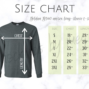 Gildan G5400 Unisex Long-Sleeve T-shirt Size Chart | Gildan G5400 Mockup Chart | Unisex Long Sleeve Size Chart | Gildan Long Sleeve | Tshirt