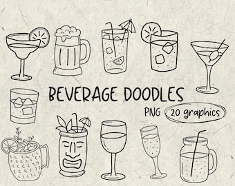 Getränke Doodles | Handgezeichnete Cocktail-Doodles | PNG | Digitale Downloads | Cocktailkarte | Strichzeichnungen | Hochzeit Getränkekarte | Getränk-Doodles