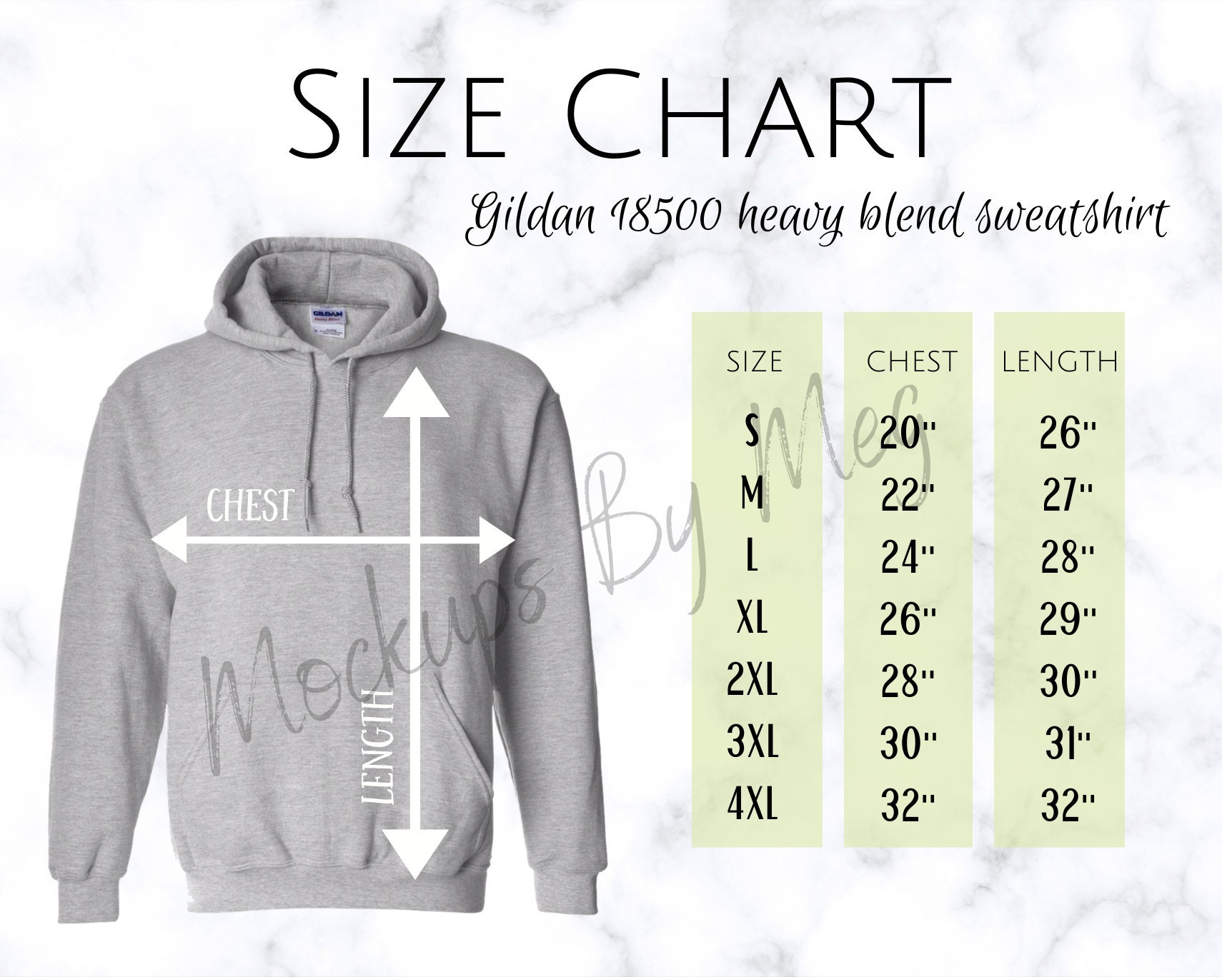 Gildan 18500 Heavy Blend Sweatshirt Mockup Size Chart Gildan Sweatshirt ...