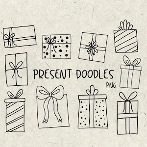 May include: A set of nine black and white line drawings of gift boxes. The drawings are in a doodle style and include various patterns, such as polka dots, stripes, and bows. The text "PRESENT DOODLES PNG" is included in the image.