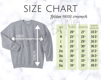 Gildan 1800 Crewneck Sweatshirt Size Chart | Gildan Heavy Blend Crewneck Size Chart | Gildan Mockup | 1800 Mockup | Size Charts | Grey