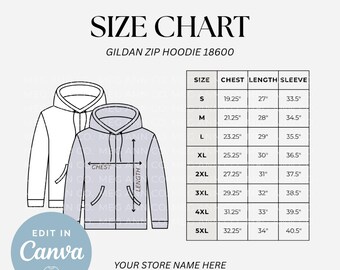 Editable Size Chart Gildan Zip Hoodie 18600 | Gildan Zip Hoodie Size Chart | 18600 Sweatshirt | Editable Template