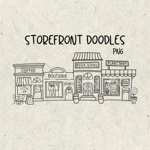 Peut inclure: Dessin au trait noir et blanc de devantures de magasins, dont un café, une boutique, une librairie et une jardinerie. Le texte "STOREFRONT DOODLES PNG" est en haut. Le café a des places assises à l'extérieur.