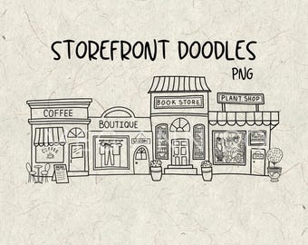 Storefront Doodles PNG | Hand Drawn Shops | Coffee Shop |Bookstore, Boutique, Plant Shop | Small Business Line Art | Digital Download