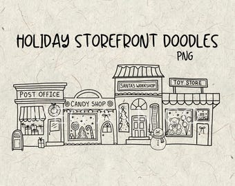 Christmas Storefront Doodles PNG | Hand Drawn Shops | Santa's Workshop | Candy Shop | Christmas Shops | Village Line Art | Digital Download