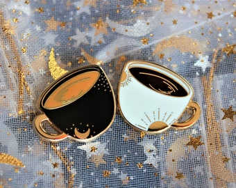 Coffee Mug Pins, Enamel Pin, Lapel Pin, Gold Plated, Set, Black, Latte, Gift, Couple, Friendship