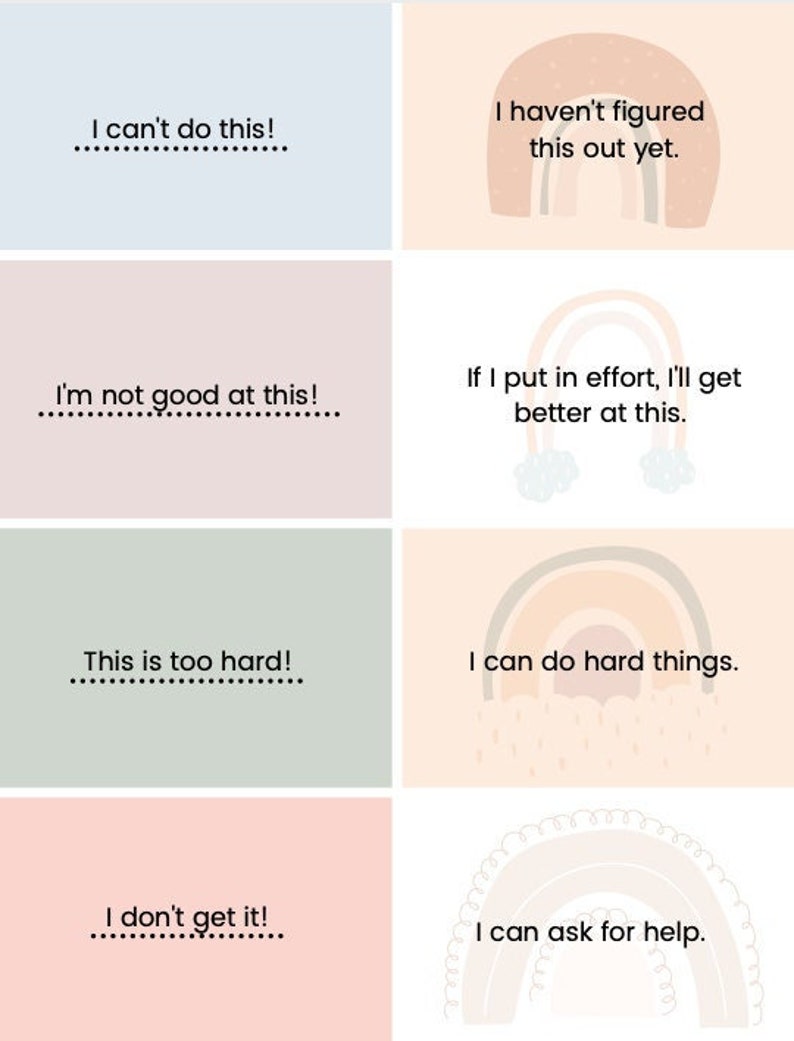 May include: A motivational art print with eight panels. Each panel features a phrase like "I can't do this!" paired with a positive affirmation such as "I can do hard things." The color palette includes pastel shades of blue, pink, green, and peach.