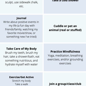 Op de afbeelding: Een kleurrijke infographic met tips voor zelfzorg. De infographic is verdeeld in zes secties: Wees creatief, Journal, Neem een ​​koude douche, Knuffel of aai een dier, Zorg voor je lichaam, Oefen mindfulness, Beweeg/Word actief, en Sluit je aan bij een groep/klas/club om nieuwe mensen te ontmoeten.