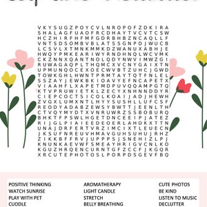 May include: A colorful word search puzzle with the title "Self-Care Activities". The puzzle features words related to self-care, such as "positive thinking", "watch sunrise", "play with pet", "cuddle", "listen to podcasts", "aromatherapy", "light candle", "stretch", "belly breathing", "cute photos", "be kind", "listen to music", and "declutter".
