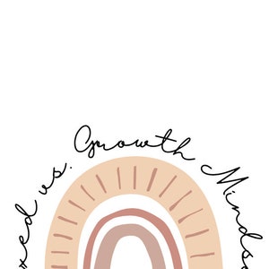 May include: A minimalist design featuring a rainbow in shades of beige and pink. The words "Fixed vs. Growth Mindset" are written in a cursive font, arching around the rainbow. The background is white.