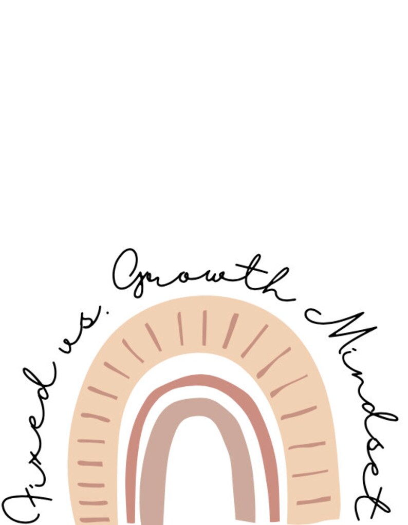 May include: A minimalist design featuring a rainbow in shades of beige and pink. The words "Fixed vs. Growth Mindset" are written in a cursive font, arching around the rainbow. The background is white.