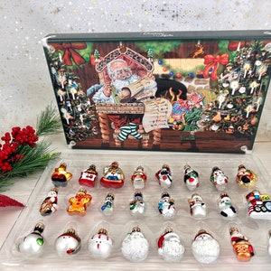 Collectible Christmas Advent Calendar Gift with Vintage Handcrafted 24 Piece - 1.5" Glass Figurines with Nostalgic Santas Snowmen & more