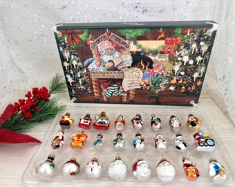 Collectible Christmas Advent Calendar Gift with Vintage Handcrafted 24 Piece - 1.5" Glass Figurines with Nostalgic Santas Snowmen & more