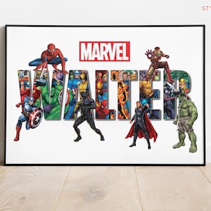 May include: A rectangular framed poster featuring the word WALTER in large block letters, with each letter filled with various Marvel comic book character illustrations. The Marvel logo is centred above the name, surrounded by Spider-Man, Iron Man, Captain America, Hulk, Black Panther, and Thor.