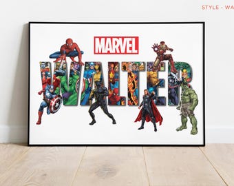 Marvel Superheroes Guarding Your Name – Personalised Avengers Themed Word Art Print Wall Decor Birthday Gift for Son, Grandson, Friend, Him