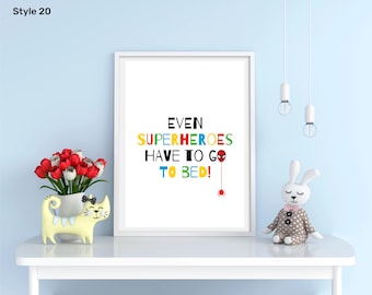 Superhero Bedtime Wall Art | “Even Superheroes Have to Go to Bed” | Kids Room Nursery Print | Instant Download | FREE UK A4 Print Offer