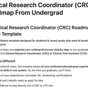 May include: A digital document titled "Clinical Research Coordinator (CRC) Roadmap From Undergrad." The text describes a Notion template designed for students and recent grads to organize their journey to become a Clinical Research Coordinator or Clinical Trial Assistant.