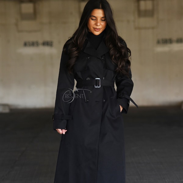 Trench-coat classique en coton mélangé noir à double boutonnage pour femmes, veste de printemps longue pluie Duster