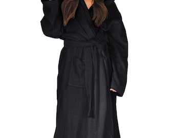 Luxury Black Hooded Bathrobe for Women – 100% Turkish Cotton Terry Cloth Robe