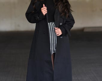 Black Water-Resistant Trench Coat, Women's Long Belted Minimalist Outerwear