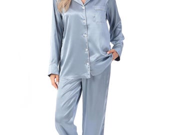 Cerulean Blue Silk Satin Pajama Set with Eye Mask, Luxury Sleepwear, Button Down Pajamas