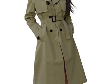 Classic Luxury Trench Coat for Women - Army Green Waterproof Wind Resistant Jacket for Fall