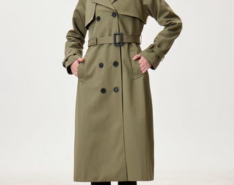 Camo Green Water-Resistant Trench Coat, Minimalist Double-Breasted Outerwear