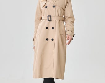 Beige Women's Trench Coat, Water-Resistant Belted Outerwear, Minimalist Fall Jacket
