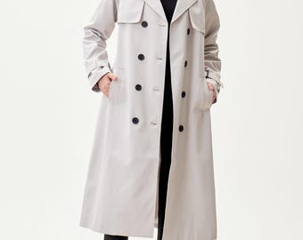 Mist Grey Women's Trench Coat, Water-Resistant Belted Outerwear, Minimalist Fall Jacket
