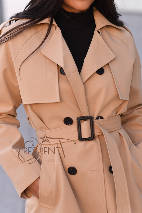 Classic Women s Khaki Double Breasted Cotton Blend Trench Coat Spring Long Rain Duster Jacket Etsy UK